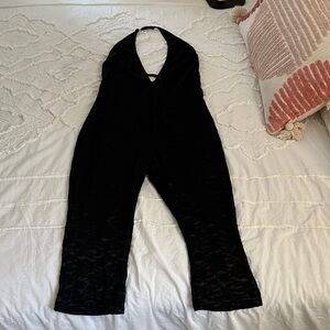 Fashion Nova Black Halter Lace-Trim Jumpsuit Romper
